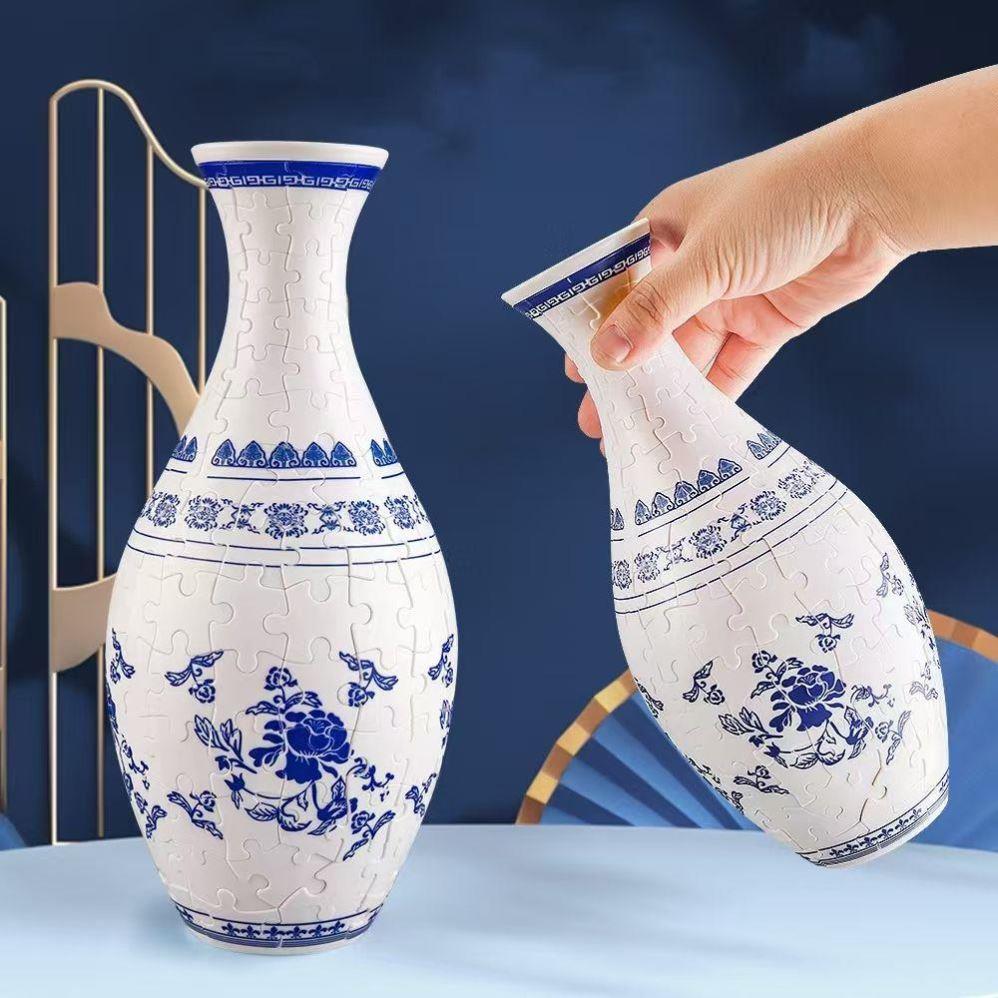拼图花瓶3D彷古青花玲珑瓶子新中式客厅家居插花博古架装饰摆饰