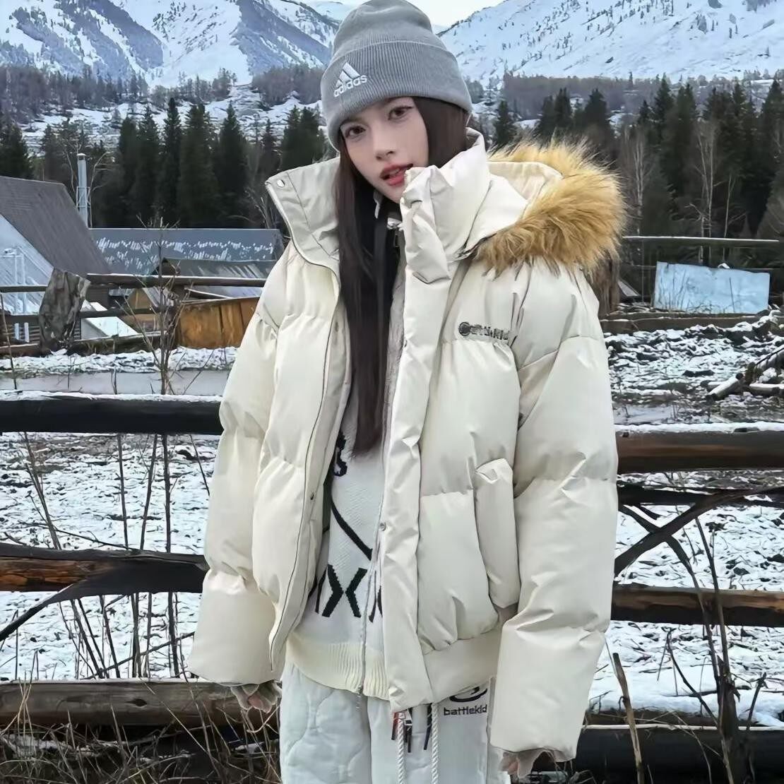 可拆卸大毛领oversize学院风刺绣加厚保暖情侣pu皮羽绒棉衣棉服女