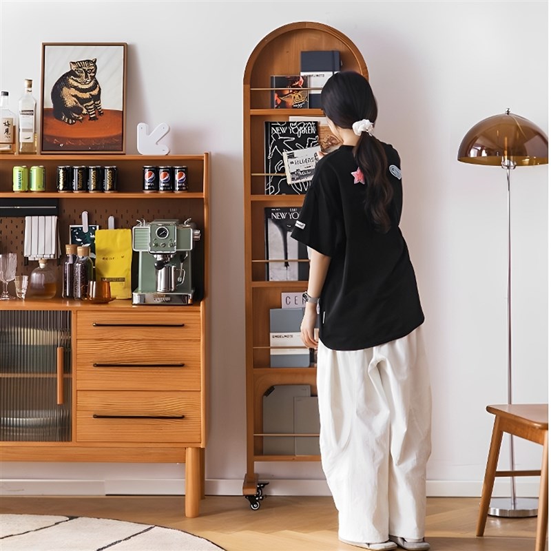 实木可移动旋转镜子置物架一体落地全身镜创意杂志书报家用展示架