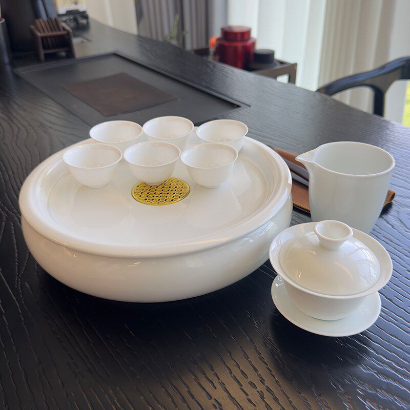 中式茶具套装喝茶泡茶组合冲茶盖碗陶瓷羊脂玉储水圆形茶盘茶船