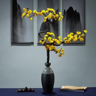 复古黑色陶瓷花瓶仿真花傲骨梅花枝腊梅插花室内摆件家居装 中式 饰