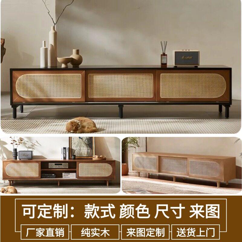 法式复古实木电视柜黑色诧寂风中古藤编推拉门小户型拼色客厅定制