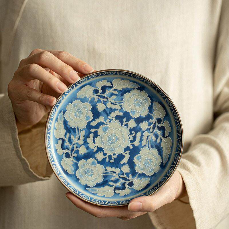 跨境景德镇元青花牡丹大壶承茶托茶盘果盘汝窑开片养线陶瓷茶具配