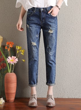 宽松阔腿bf破洞牛仔裤女夏155九分裤韩版高腰学生百搭休闲直筒裤