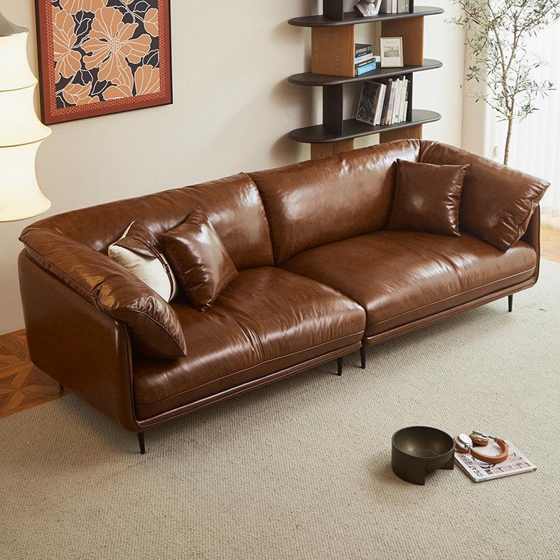 棕色怀抱沙发法式复古油蜡皮北欧简约羽绒美式小户型中古全真皮