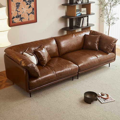 棕色怀抱沙发法式复古油蜡皮北欧简约羽绒美式小户型中古全真皮