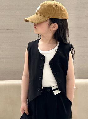 女童黑色西装套装洋气时髦儿童t台走秀潮服休闲小女孩马甲三件套