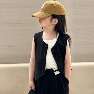 女童黑色西装 洋气时髦儿童t台走秀潮服休闲小女孩马甲三件套 套装