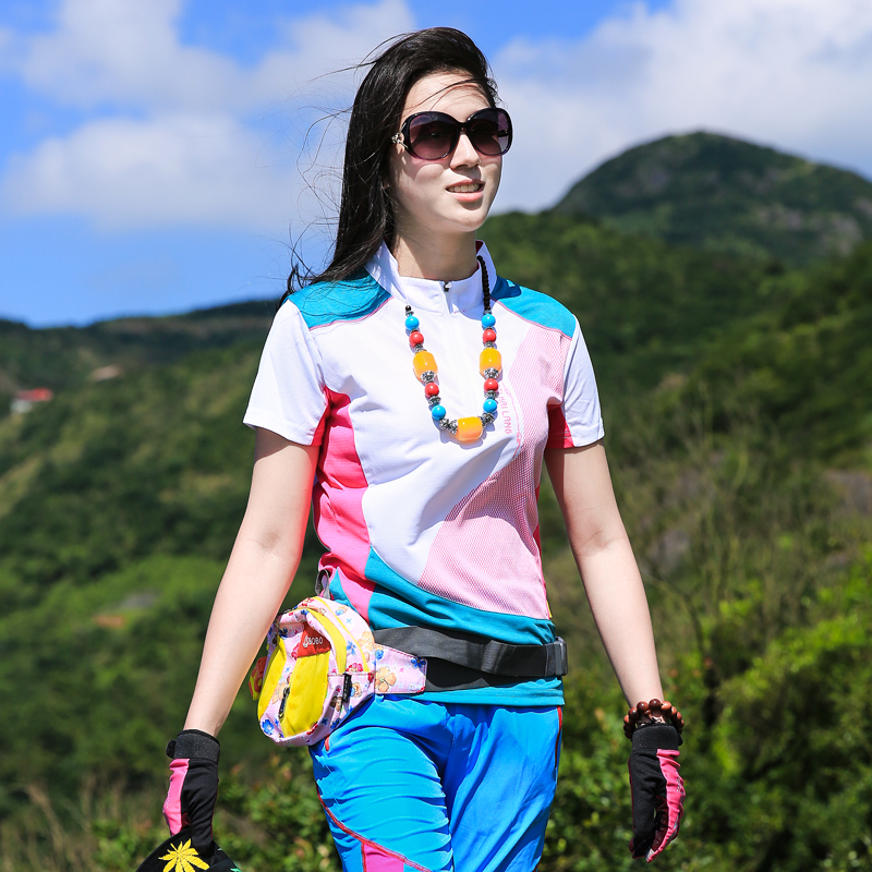 户外速干衣女短袖T恤拼接弹力修身显瘦吸湿排汗快干衣女运动徒步