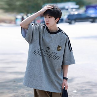 宽松百搭上衣tee T恤男潮牌潮流学院风情侣装 夏季 织带条纹印花短袖