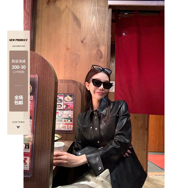 大瓶定制 不一样的嗲精feu 复古黑色皮衣女春秋正肩收腰短款外套