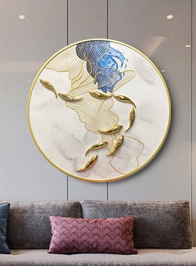 手绘九鱼图金线画新中o式玄关圆形抽象画现代轻奢客厅装饰油画招