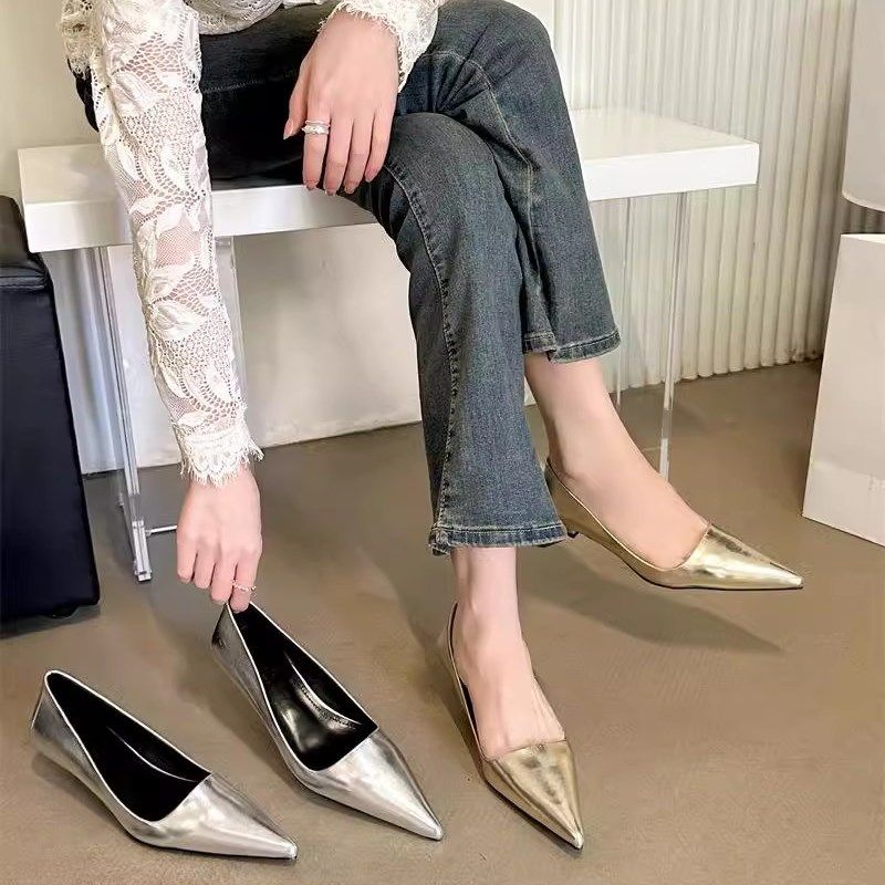 法式春季小猫跟银色高跟鞋仙女鞋子2025新款春秋气质金色尖头单鞋