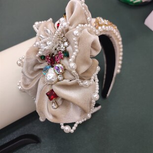 复古发饰丝绒花朵镶钻发箍女高颅顶带齿发卡女宽边珍珠花头箍宫廷