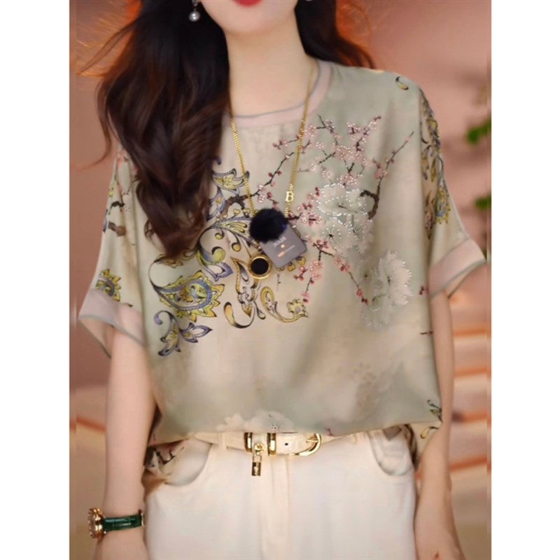 高级感时尚印花T恤女夏季新款妈妈宽松气质显瘦雪纺小衫短袖上衣