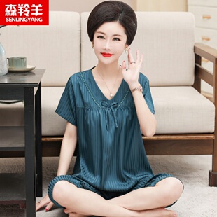 中年妈妈套头家居服可外穿套装 睡衣女士夏季 七分裤 冰丝绸短袖 新款