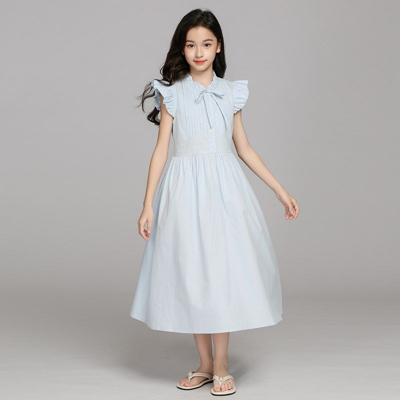 文艺小清新木耳边飞袖浅蓝色连衣裙女童度假裙子法式初恋收腰长裙