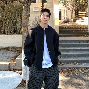 美式潮牌开衫圆领纯色宽松休闲慵懒风毛衣外套简约百搭针织衫男装