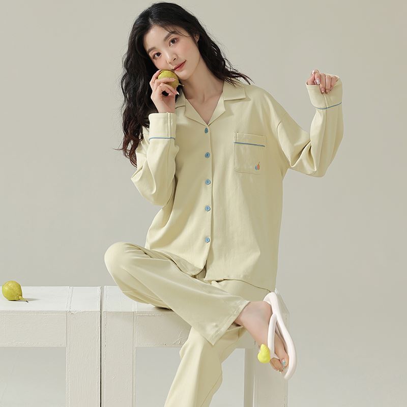 睡衣女秋冬长袖棉质韩版简约纯色开衫月子服休闲春秋季家居服套装