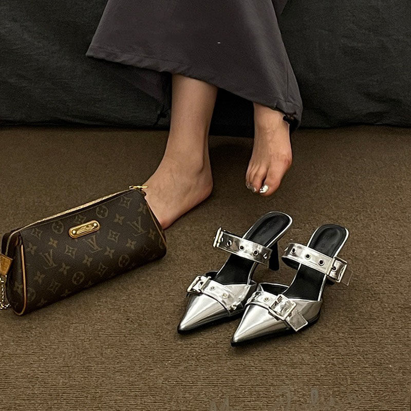 2024年夏季新款法式皮带扣包头拖鞋女时尚气质百搭外穿细跟高跟鞋