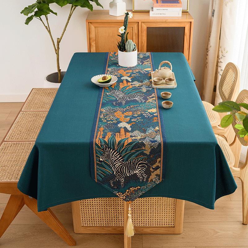 新中式复古桌布桌旗套装北欧现代简约棉麻长方形餐桌布客厅茶几布