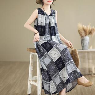 2025新款夏季纯棉绸洋装女长版高端大气上档次睡衣无袖妈妈睡裙