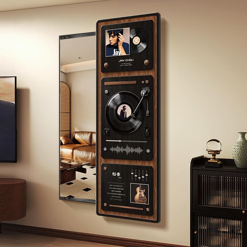 中古风玄关推拉全身镜装饰画黑胶唱片周杰伦暗藏式穿衣镜挂画定制