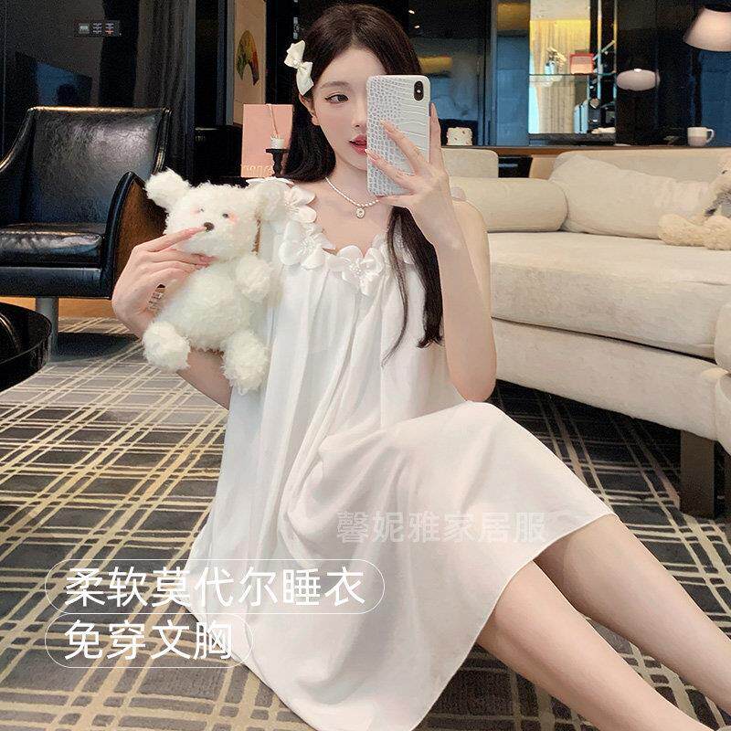 带胸垫背心睡裙女夏天莫代尔冰丝公主宫廷风花朵吊带白色无袖睡衣