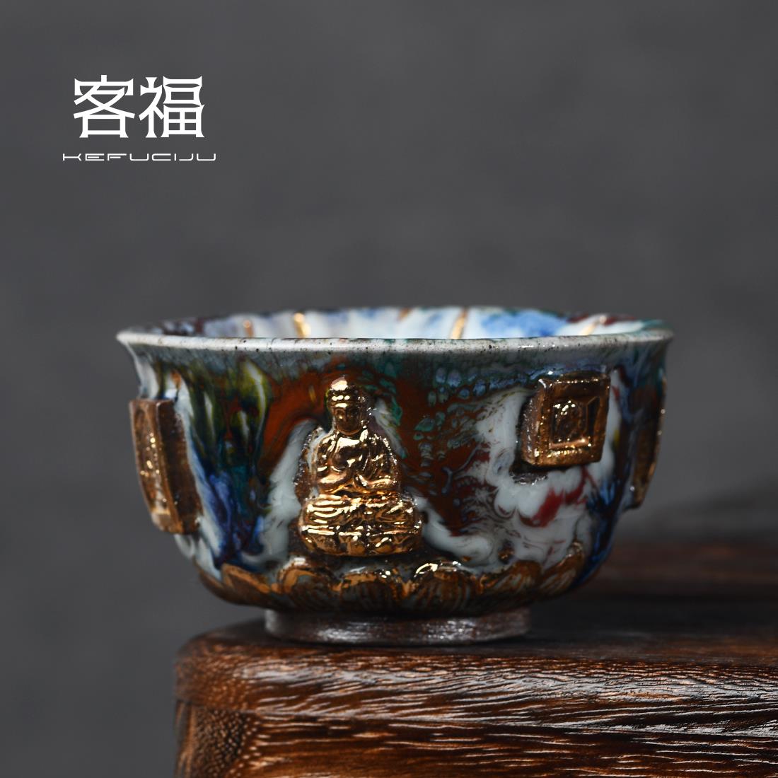 客福手捏窑变釉志野烧佛像茶杯24k鎏金手工艺品茶具单杯陶瓷茶杯