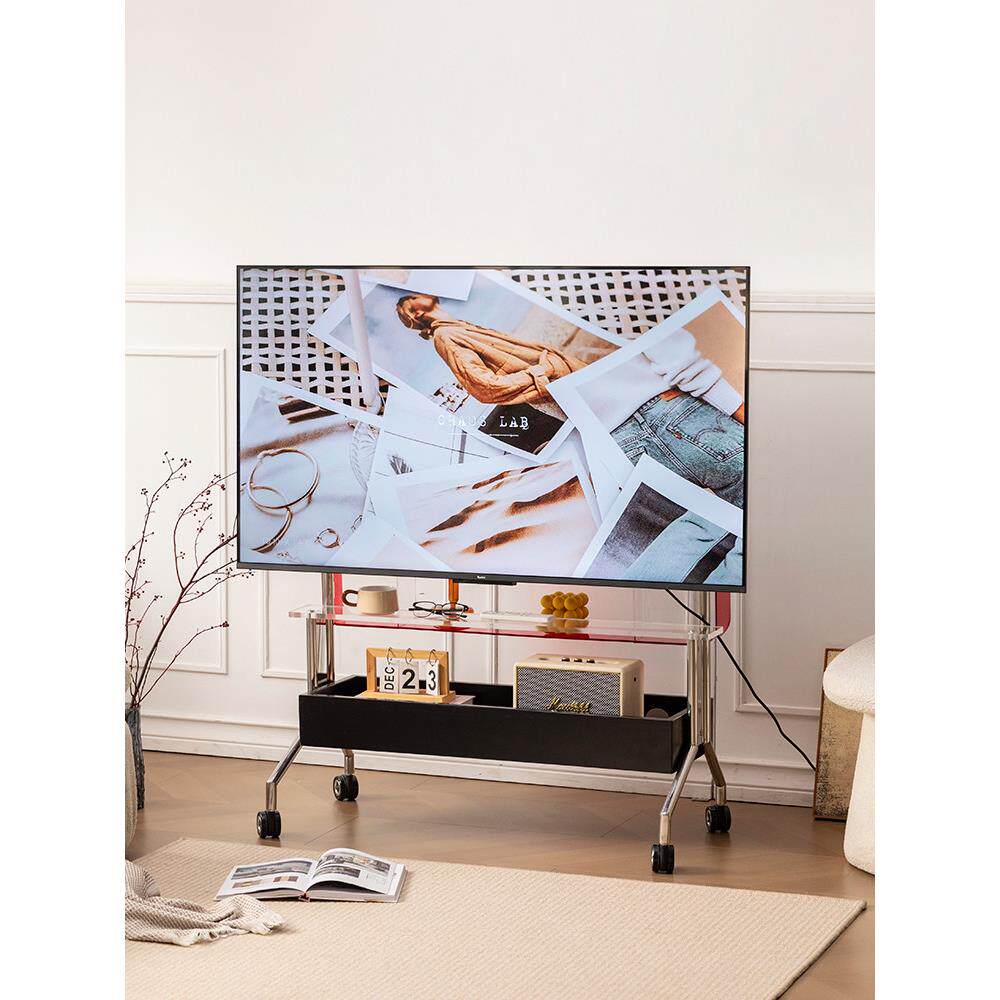 实木电视地板支架可移动不锈钢垂直轮式推车会议客厅卧室钢储物架