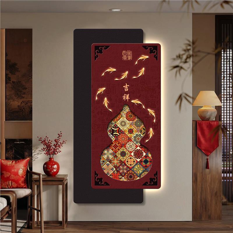 九鱼福禄玄关装饰画轻奢大气叠加画入户门葫芦砂岩挂画高级感灯画