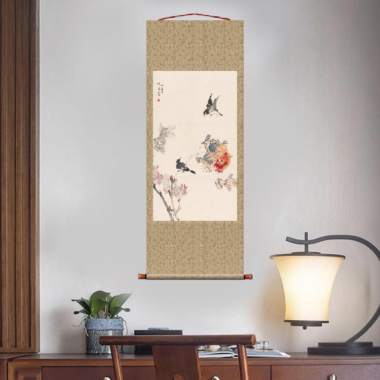 张书旗牡丹双鸟图挂轴卷轴花鸟画名画复制品字画中式书房玄关挂画