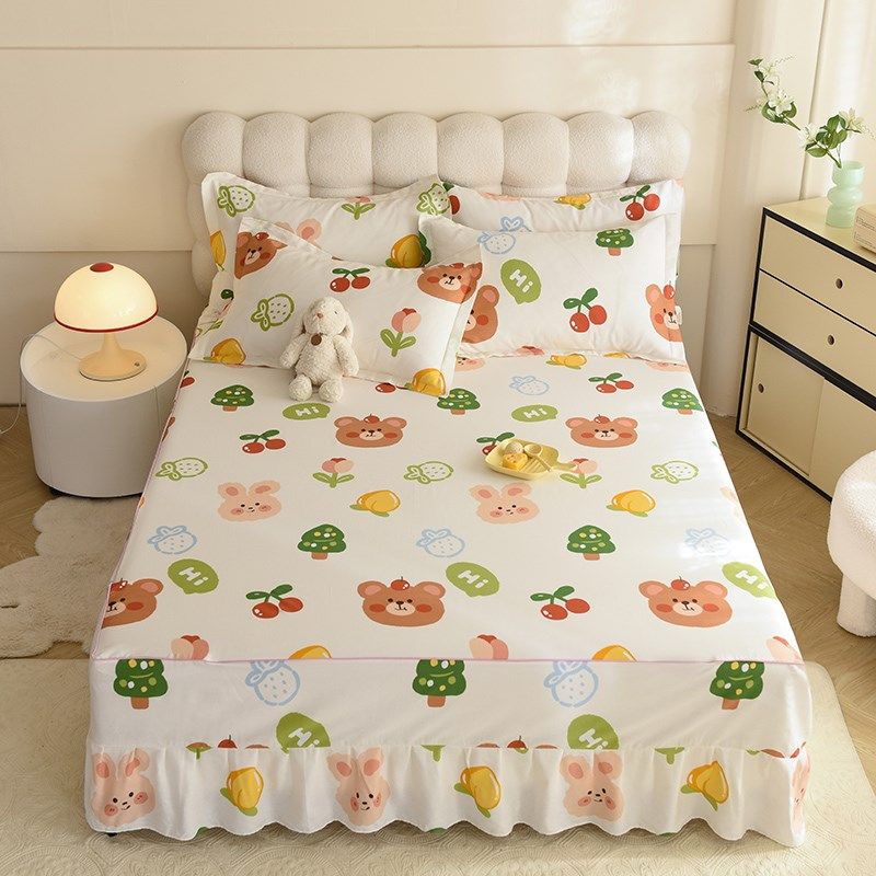 卡通可爱床裙100%纯棉单件儿童床防滑床罩下摆遮丑裙式1.2米1.35m