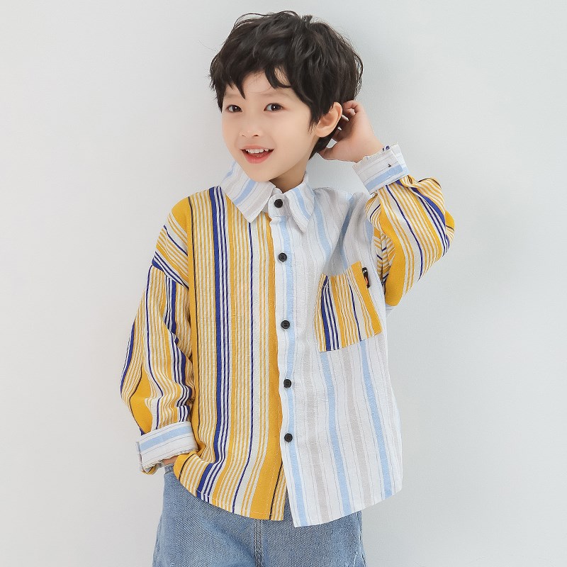 2024新款纯g棉长袖衬衫男童拼接条纹衬衣洋气翻领上衣黄蓝百搭潮