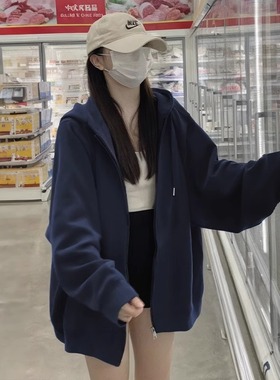 藏蓝色连帽纯棉卫衣女20r24新款春秋冬季美式显瘦开衫外套拉链上