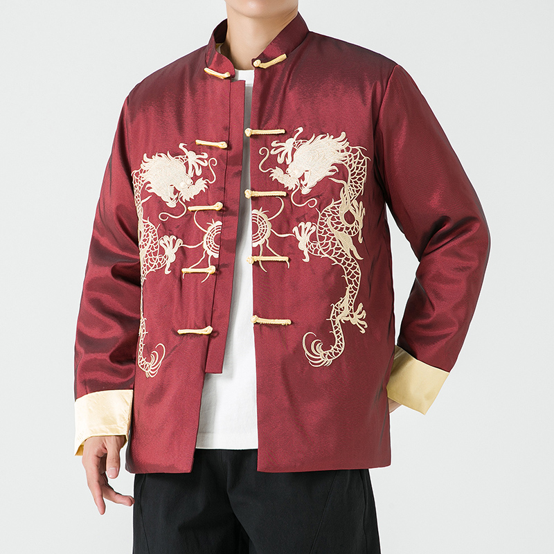 中国风春秋刺绣盘扣唐装外套中式复古立领休闲男士龙图案夹克褂子