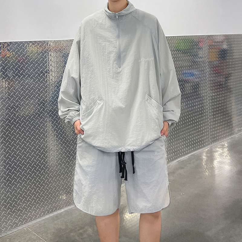 夏季运动冰丝套装男宽松潮牌宽松连帽防晒服韩版潮流休闲五分短裤