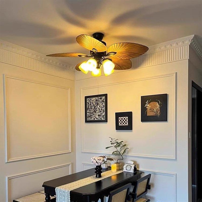 南洋风芭蕉叶风扇吊灯美式复古卧室客厅电扇灯中古怀旧餐厅吊扇灯