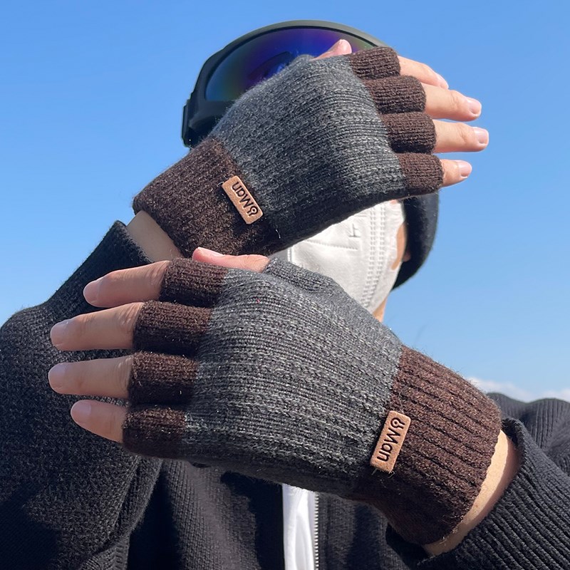 半指手套男露f指冬季骑行加厚毛线漏指头学生写字针织保暖半截无