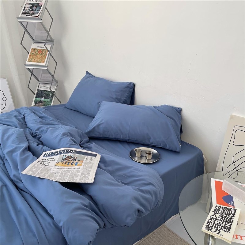 换了新男友无性j别BF风全棉磨毛50支三四件套床单被套秋冬耐脏蓝