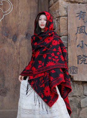 大披肩斗篷女西北旅游拍照民族风带帽披风外套多功能Y保暖青海西