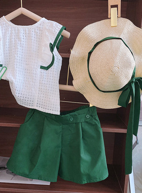 女童休闲韩版f套装2022夏装女宝宝绿色荷叶边上衣短裤两件套送帽