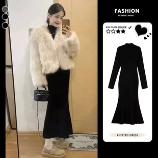 配皮草黑色高领针织连衣裙u子女秋冬加厚气质内搭修身鱼尾毛衣长