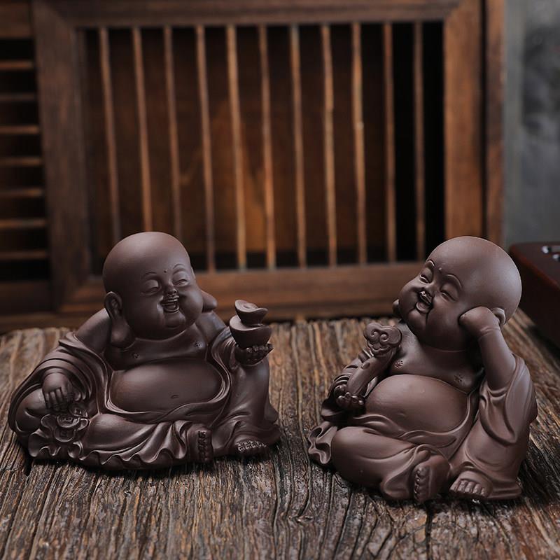 紫砂茶宠摆件精品可养大肚弥勒佛招财笑佛个性中国风茶盘车载摆件