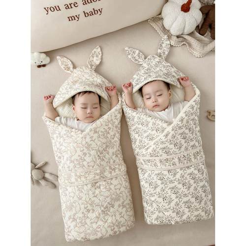 婴儿毯纯棉纱布大耳朵新生儿毯襁褓新生儿产房春秋冬季加厚版