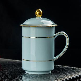 影青釉水杯子 陶瓷带盖茶杯景德镇马克杯子水杯带柄用杯大容量大码