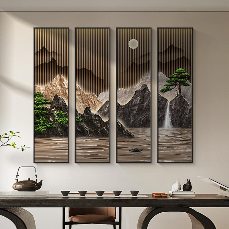 新中式客厅挂画山水画现代迎客松沙发背景墙装饰画餐厅茶室四联画