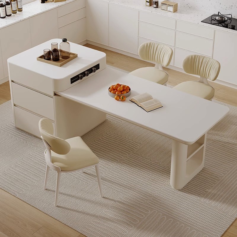 奶油风岩板岛台实l木餐桌一体小户型伸缩导台多功能带茶几倒台家