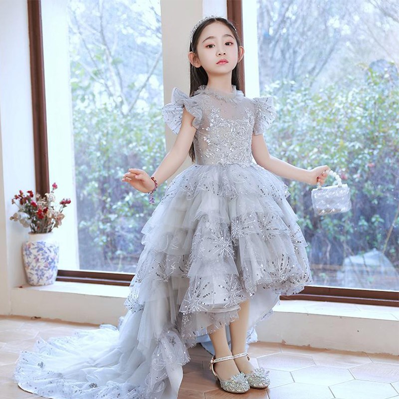 小主持人礼服女童高端模特走秀z气质拖尾裙儿童生日钢琴演奏演出
