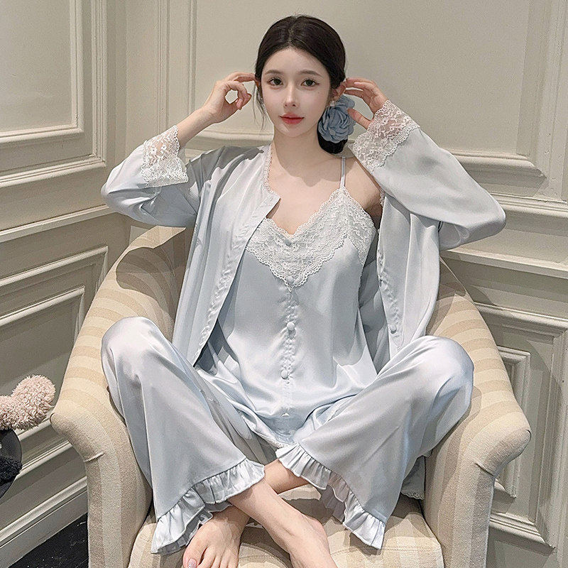 维多利亚桑蚕丝春秋睡衣三件套女